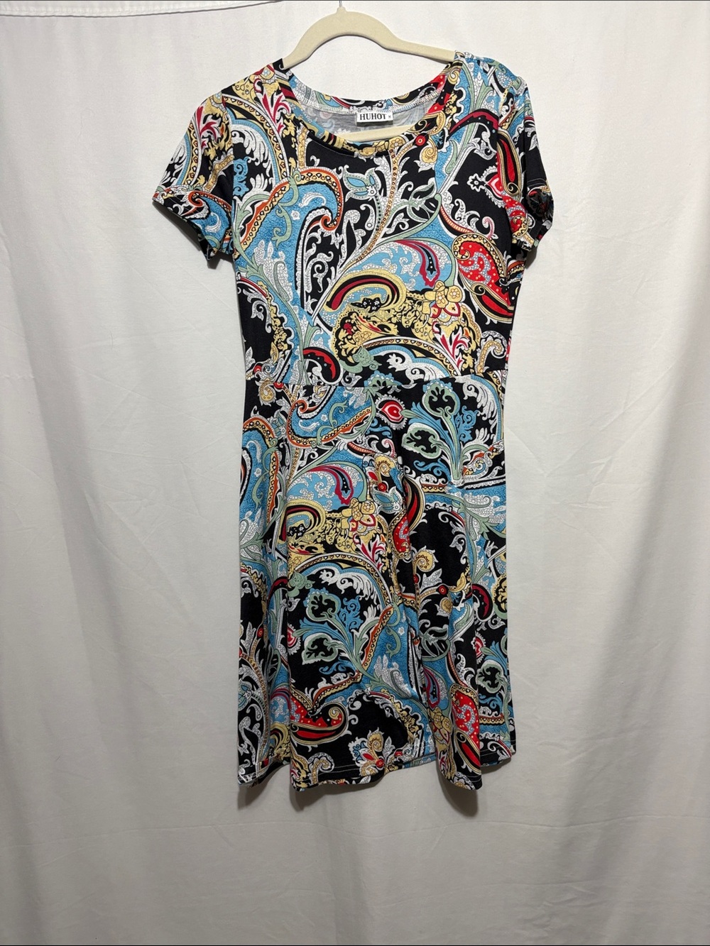 Huhot Paisley-Print Black Midi Dress with Blue & Gold Accents